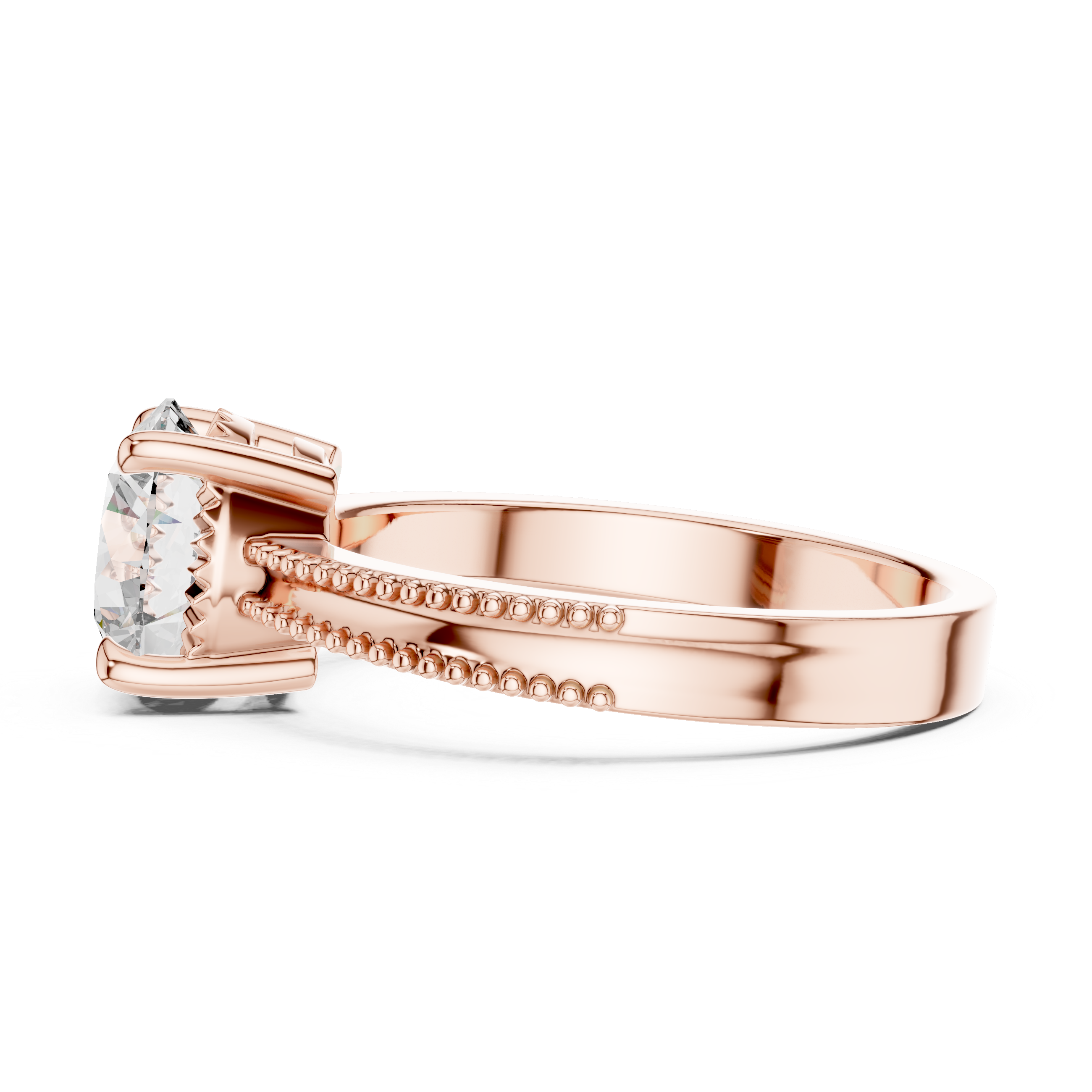 Rose gold ring with a diamond on a white background